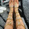 Sandaler Summer Flats Sandal Gladiator Gold Rhinestone Knee High Buckle Strap Woman Boots Crystal Beach Shoes Plus Size 43 231204