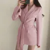 Women's Suits Black Jackets Spring Autumn Tie Bow Sashes Long Sleeve Blazer With Belt Vintage Korea Clothing Women Suit