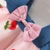 Abiti da ragazza Bmnmsl Infantile Neonate Abito da principessa Ciliegia Ricamo Maglia Patchwork Denim Ruffles Senza maniche Carino Bowknot Tutù di tulle