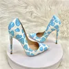 Dress Shoes Blue Sweetheart Printed Women White Pointy Toe HIgh Heel Cute Fashion Designer Stiletto Pumps Plus Size 43 44 45