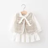 Ensembles de vêtements 0-3 ans enfant en bas âge enfants bébé filles robe costumes printemps automne manches longues bowknot princesse gilet à carreaux 2pcs ensemble tenues