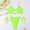 Kvinnors badkläder sexig bikini 2024 Kvinnor Solid Green Yellow Hollow Out Push Up Micro Swimsuit Summer Bathing Suit Tie Side thong Biquini