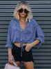 Women's Blouses All Match Denim Blue Shirt Women Summer Casual Two Pockets Fashion Single Breasted Blouse Elegant Female Expose Belly Button