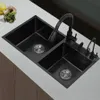 304 Rostfritt stål Double Bowls Nutch Sink med knivinnehavare Drop-In eller undermonteras Dark Grey Basin med dräneringstillbehör275y