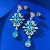 Flower Aquamarine Diamond Dangle Earring 100% Real 925 Sterling Silver Wedding Drop Earrings for Women Bridal Engagement Jewelry