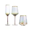 Copos de vinho Copos de vinho de vidro colorido Creative Nordic Golden Edge Diamond Hammer Padrão Copos Whisky Champagne Goblet Bar Drinkware Set 231205