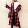 Kvinnorjackor Knapp ned Plaid tryckt reversibel kvinnors jacka Overcoat Classic Long Fleece Coat fodrad kvinnor vinterutkläder