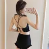 Koreanische Sommer Sexy Einfache Schwarze Ärmellose Halter Prinzessin Tankini Badeanzug Zwei Stück Modest Schwimmen Suit278H