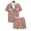 Men's Tracksuits Men Two-Piece Summer Outfit Striped Flap Pocket Shirt And Drawstring Shorts