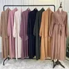 Abbigliamento etnico Tinta unita Abaya aperto Kimono Turchia Polsino elastico Abaya con cintura per le donne Dubai Abito hijab musulmano Islam Abiti modesti Caftano