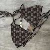 Halter tryckt baddräkt v hals sexig bh kvinnor metall utsmyckade trosor bikini kostym retro bikini sommarstrand surfing baddräkt bikini för kvinnor