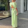 Casual Dresses Women Fashion V-ringen Jumpsuit 2023 Madam High-End Sexig solid färg backless midja typ ihålig bakbubbla ärmar