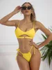 Kvinnors badkläder sexig bikini 2024 Kvinnor Solid Green Yellow Hollow Out Push Up Micro Swimsuit Summer Bathing Suit Tie Side thong Biquini