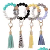 Party Favor Sile Wooden Beads Keychain Suede Tassel Bracelet Keyring Anti-Lost Bangle Key Ring For Home Wood Beaded Crafts Car Decor Dhqri