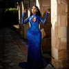 Royal Blue Aso Ebi Robes De Bal Sirène Halter Paillettes Manches Longues En Dentelle Tulle Robe Formelle Filles Noires Deuxième Robe De Réception Robe De Soirée Robes De Concours ST596