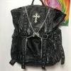 Backpack Motorcycle Style Leather Large Capacity Skull Cross Punk Bag Wear-Resistant Chain Multi Pocket Commuting