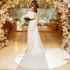 Aso Ebi Satin Mermaid Wedding Dress Off Shoulder Pleats Long Train Traub Back Covered Buttons African Women Bride Gowns Vestidos De Novia