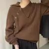 Kadın Sweaters Fashion Diagonal Düğmesi Kadın Kazak Sonbahar Vintage Dönüşü Yatak Katı Temel Külot Gevşek Girişli Örme Jumper T589