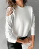 Женские футболки Элегантная женская рубашка 2023 Модный и пригородный чистый белый пуловер с кружевным дизайном Полое украшение Топ с длинными рукавами