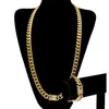 Rostfritt stål armband halsband 24k fast guldelektroplatta gjutningslås w diamant kubansk länk halsband armband för män curb309v