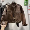 Damenjacken American Retro PU Leder Oansatz Jacke Herbst Braun Lose Lässige High Street Motorrad Männer Tops Männliche Kleidung