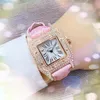 Small Full Diamonds Ring Women's Watch Business Leisure Waterproof Quartz Movement Clock Leather Strap Square Roman Tank Dial Rose Gold Silver Case Bracelet Watches