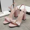 Designer women high heels sandals leather party fashion metal double buckle summer sexy lady chunky heel dress shoes