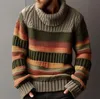 Autumn Men's Sweaters Long Sleeve Fashion Turtleneck Men Vintage Striped Knitted Tops Mens Sweater Casual Loose Knit Pullover