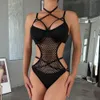 Sexy Kostüm Sexy Porno Body Frauen Neckholder Unterwäsche Transparenter Body Sexuelle Strumpfhosen Teddy Offener Schritt Erotische Dessous Kostüme