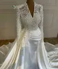 Luxuriöses Meerjungfrau-Satin-Hochzeitskleid 2024 mit V-Ausschnitt, langen Ärmeln, Perlen und Pailletten, formelle Brautkleider, neues Design, Vestidos Blanco Garden De Novia