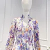 Robes décontractées 2023 Top qualité printemps été violet imprimé floral volants volants demi-col ouvert midi robe ample femmes