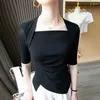 Women's T Shirts High Quality 2023 Women Tops Spring Summer Wrinkle T-shirt Kvinnliga kläder Sexiga skördar Toppkläder Casual Gaze Blue Y2K