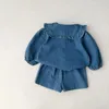 Giyim Setleri 5061D Koreli Çocuklar Denim Suit 2023 Bahar Sonbahar Boş Zaman Moda Kızının Ceket Etek Kısa