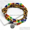 Chain Link Armbanden Nartrual 108 Mala Tijgerogen Steen 7 Chakra Energie Yoga Armband Voor Mannen En Vrouw Drop Levering sieraden Dhmz1