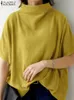 Blouses Femme Chemises ZANZEA casual pur coton Blouse été femmes solide col roulé manches courtes dos fermeture éclair Blusas élégant vacances hauts surdimensionné 231204