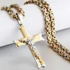 Pendant Necklaces Gold Color Fish Bone Pattern Cross Necklace Men Stainless Steel Crucifix Jesus Link Chain Catholic Jewelry GiftP318p