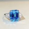 Cluster Rings 925 Sterling Silver Diamond Ring Sea Blue Treasure Light Luxury Fashion Folorsting Large Rock Sugar