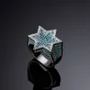 Nouveau hexagone étoile couleur argent bleu glacé cubique Zircon avec pierres latérales anneaux Micro pavé diamant Hip Hop bijoux pour cadeaux 239M
