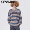 Erkek Sweaters Zazomde Sonbahar Renkli Çift Kükürük Kazak Yüksek Sokak Şerit Gökkuşağı Örme Kaplama Kore Moda Kontrast Renk Jumper Erkekler Q231205