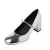 Серебристые женские туфли Мэри Джейн в стиле Лолиты, новинка 2024 года, женские туфли на высоком каблуке с ремешком на щиколотке, толстый каблук, вечерние туфли из лакированной кожи, косплей