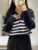 Suéteres de mujer Solapa Mezcla de lana Prendas de punto a rayas Cremalleras Jersey Suave Cómodo Señoras Manga linterna Holgada Casual Top Sweaterv