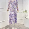 Casual Jurken 2023 Top Kwaliteit Lente Zomer Paarse Bloemen Afdrukken Franje Ruche Half Open Kraag Midi Losse Jurk Vrouwen