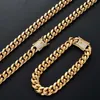 Stainless Steel Miami Cuban Link Chain Jewelry Set 18inch 22inch Choker Necklace Cubic Zirconia Clasp Diamond 7inch 8inch Bracelet2838