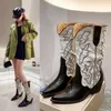 Stiefel Western-Cowboystiefel mit klobigem Absatz für Damen, bestickte Spitze, schwarzes Leder, gemischte Farben, mittelhohe Stiefel, Winter-Designer-Schuhe 231204