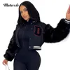 Robe de deux pièces Mutevole Baseball Veste Femmes Fausse Fourrure Fluffy Manches Longues Manteau Lettre Imprimer Bouton Patchwork Furry Crop Top Automne Bomber 231205