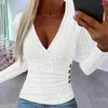 Camicette da donna Donna Autunno Tinta unita Top Camicetta a maniche lunghe con scollo a V profondo Bottoni eleganti slim fit Decor Pullover a coste