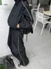 Damen Zweiteilige Hose QWEEK 90er Jahre Vintage Schwarze Sets Damen Y2K Streetwear Jacke Übergroße Trainingshose mit weitem Bein Gorpcore Set Trainingsanzug 231204
