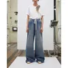 Damenjeans Firmranch Europäische Mode Hohe Taille Baggy Für Frauen Kordelzug Design Weites Bein Paint Point Retro Blaue Denimhose