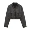 Kvinnors jackor 2023 Pocket Decoration Black Imitation Leather Shirt Jacket