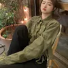 Kvinnorjackor Biyaby Army Green Long Sleeve Thin Women American Retro Drawstring Croped Coat Kvinnlig streetkläder Lös jacka